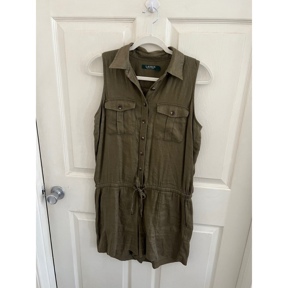 Lauren Ralph Lauren Women's 8 Petite Olive Linen Blend Jumpsuit Romper